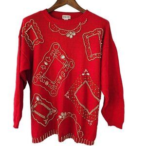 Victoria Jones Red Crewneck Sweater Womens L Gold Beading Cotton Knit 80s